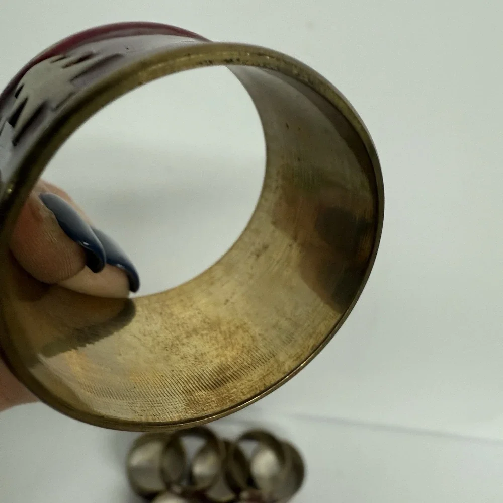 Set of 8 Brass Christmas Napkin Rings Burgundy Christmas Tree - Picture 6 of 8